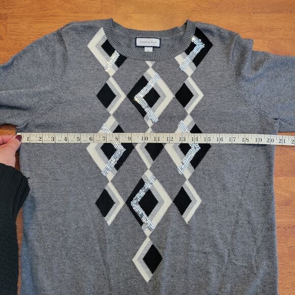 Charter Club Grey White Black Argyle & Sequins Long Sleeve Sweater L - Picture 4 of 4